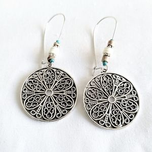 Boho Artsy Silver Filigree Circle Dangle Drop Earrings